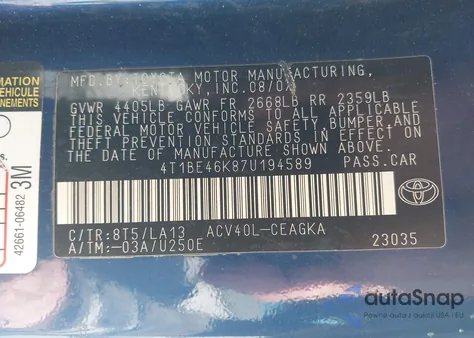 2007 Toyota Camry Xle из США, поврежденный, VIN 4T1BE46K87U194589